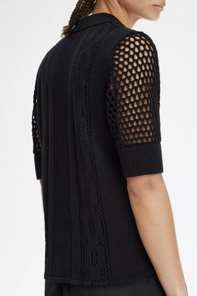 fred perry damenbluse mit offener stricknaht und knopfleiste schwarz