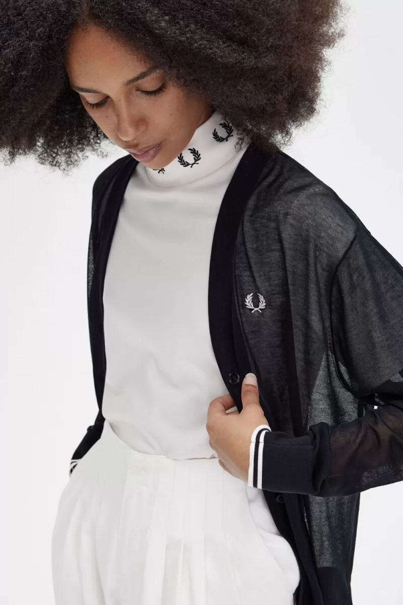 fred perry transparenter v-ausschnitt damen-cardigan schwarz
