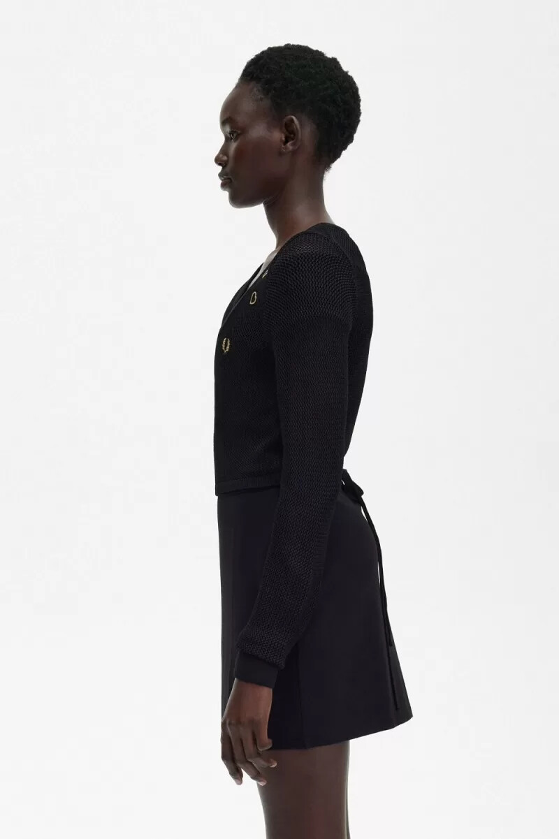 fred perry damen-cardigan mit offenem strickmuster und wickeloptik schwarz