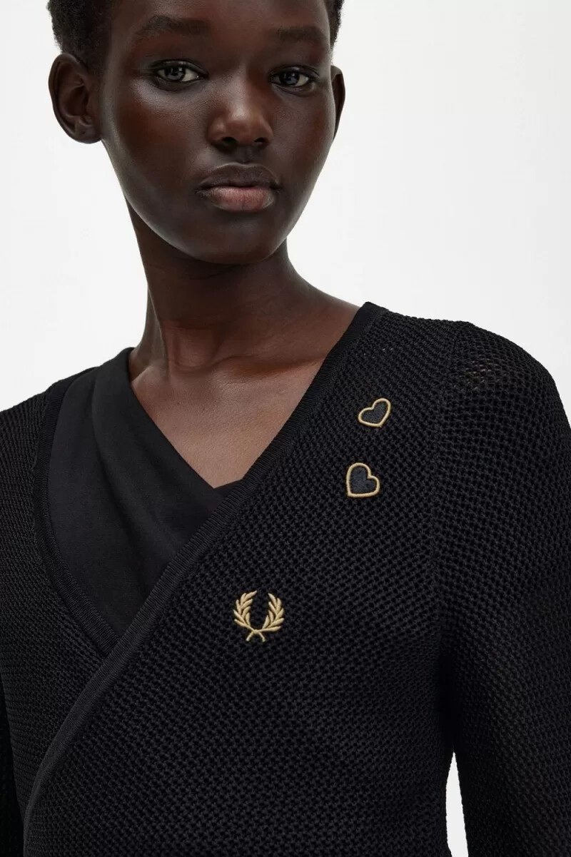 fred perry damen-cardigan mit offenem strickmuster und wickeloptik schwarz