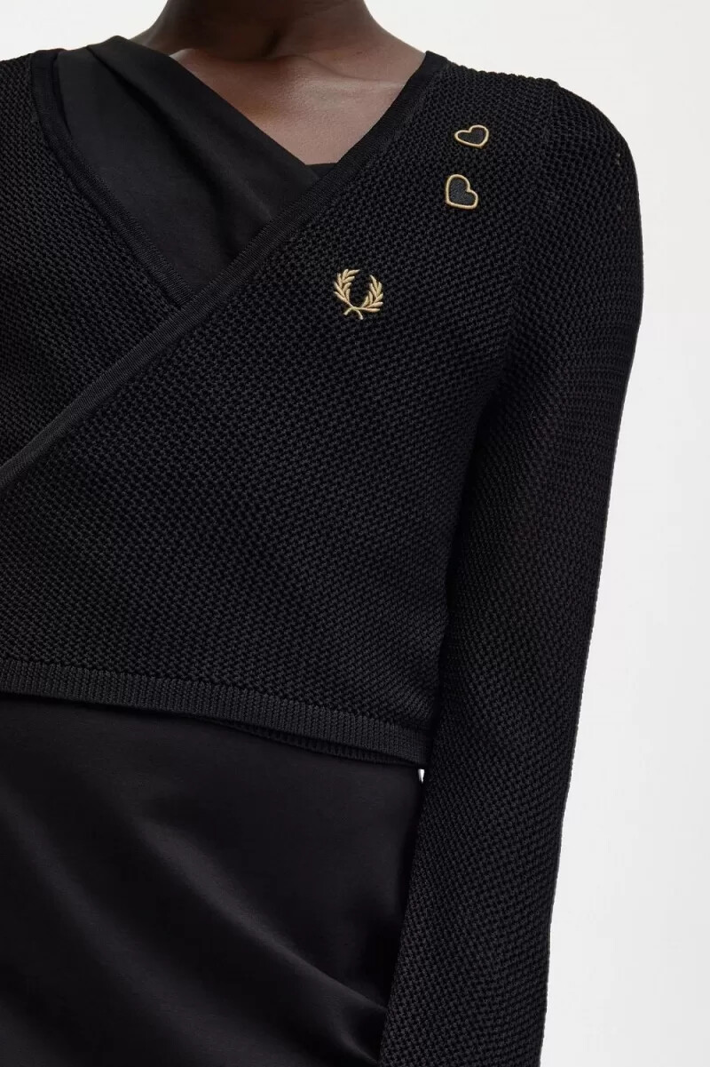 fred perry damen-cardigan mit offenem strickmuster und wickeloptik schwarz