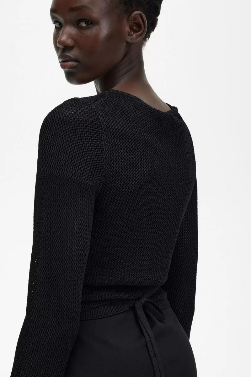 fred perry damen-cardigan mit offenem strickmuster und wickeloptik schwarz