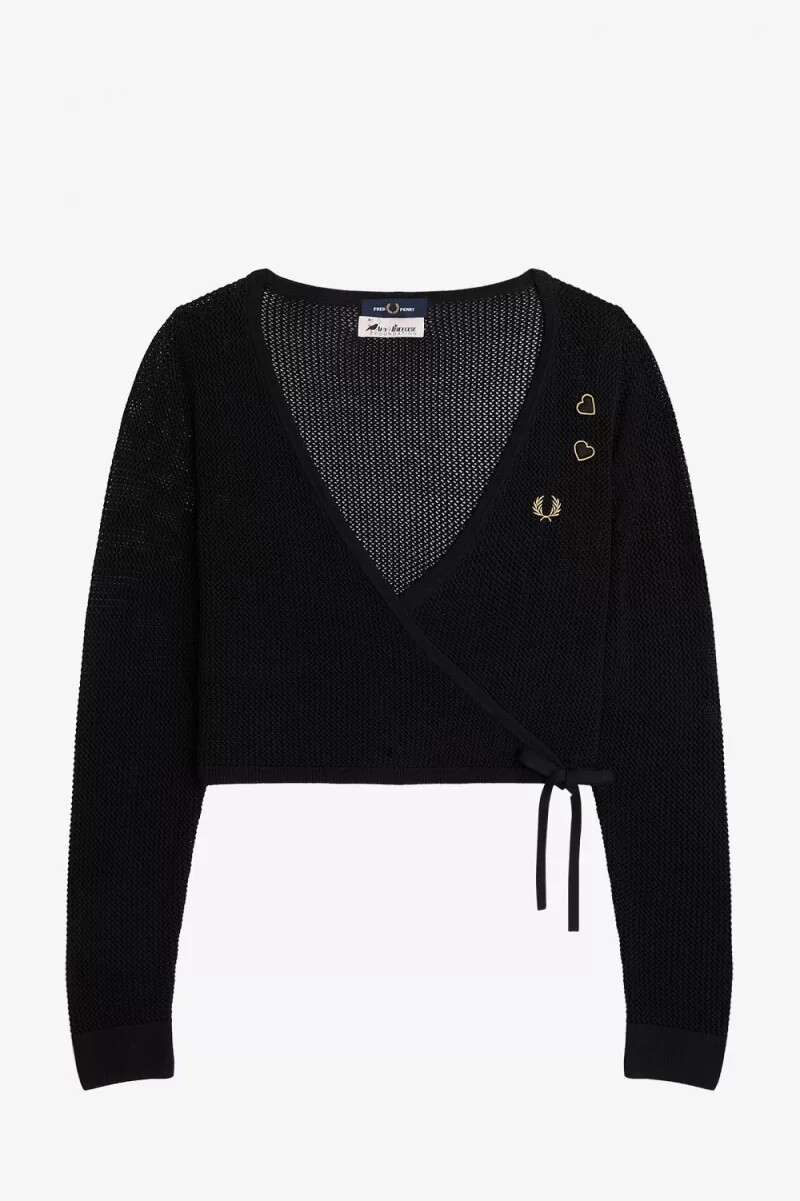 fred perry damen-cardigan mit offenem strickmuster und wickeloptik schwarz