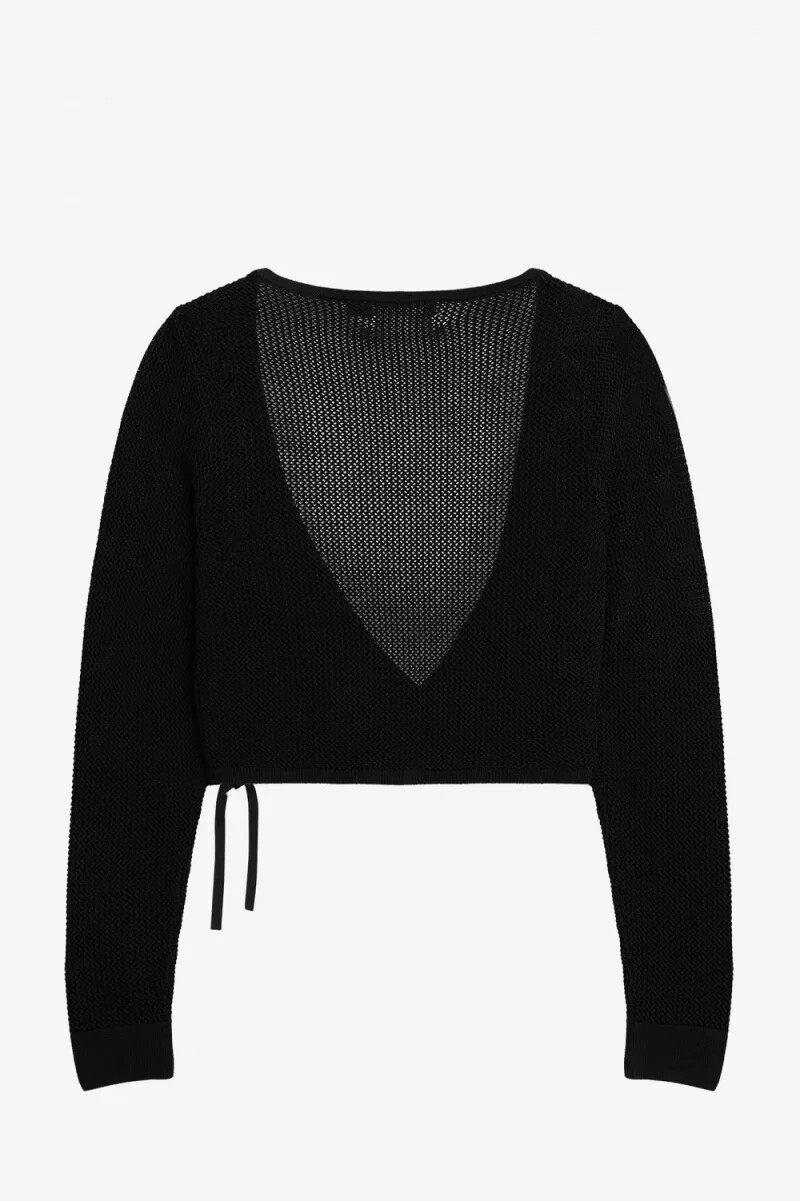 fred perry damen-cardigan mit offenem strickmuster und wickeloptik schwarz