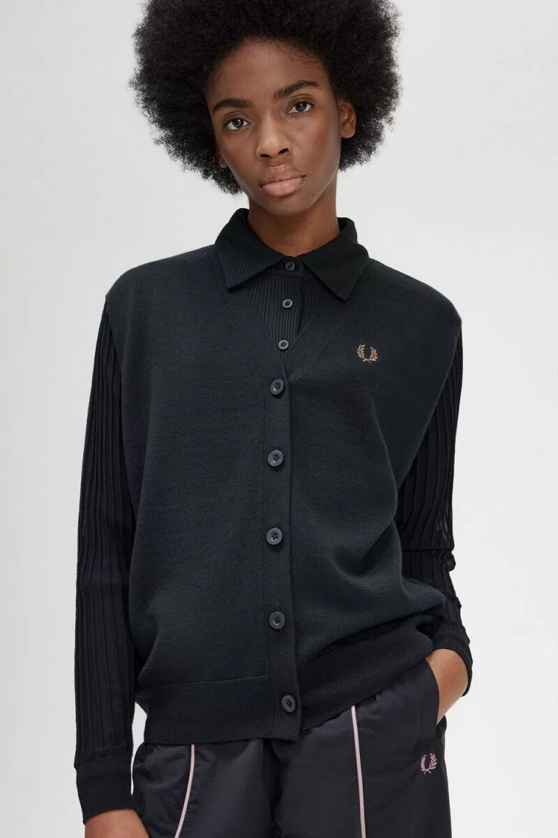 fred perry damen-cardigan mit transparenten Ärmeln schwarz