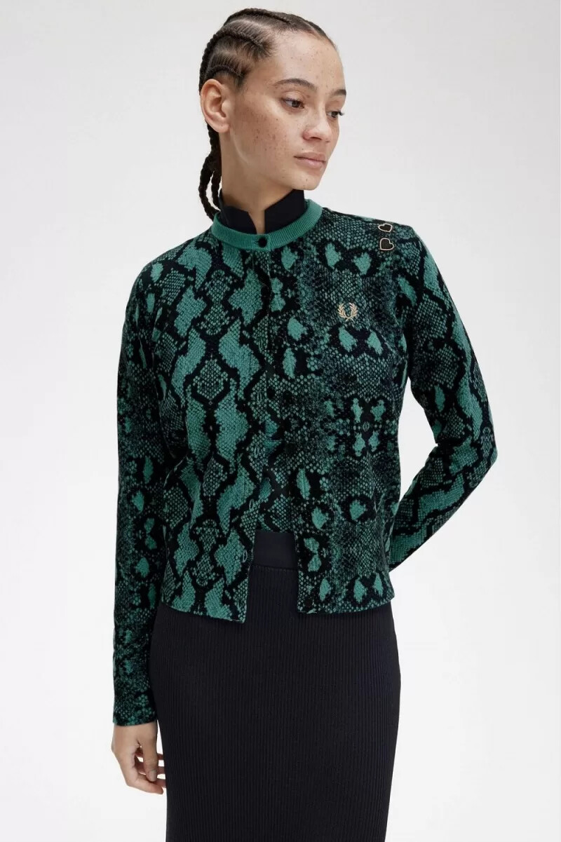 fred perry damen-cardigan mit schlangenmuster tiefes mintgrün
