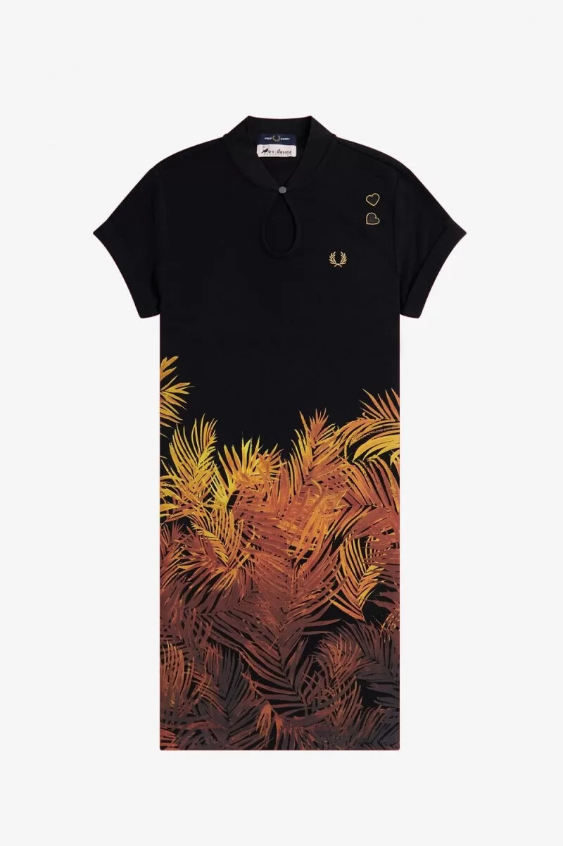 fred perry damenkleid aus piqué mit palmenmuster schwarz