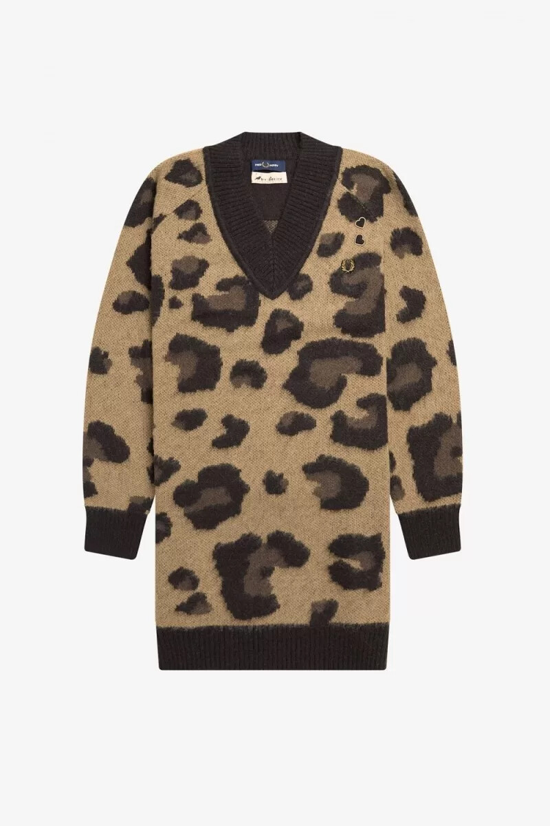 fred perry leopard strickkleid für damen ton-in-ton-leopard