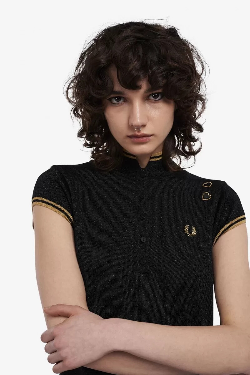 fred perry metallic strickkleid für damen schwarz