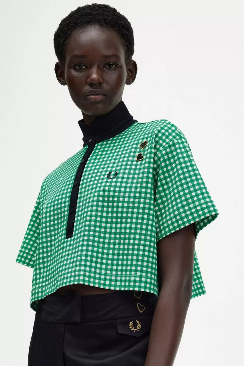 fred perry cropped gingham piqué damen-poloshirt grün