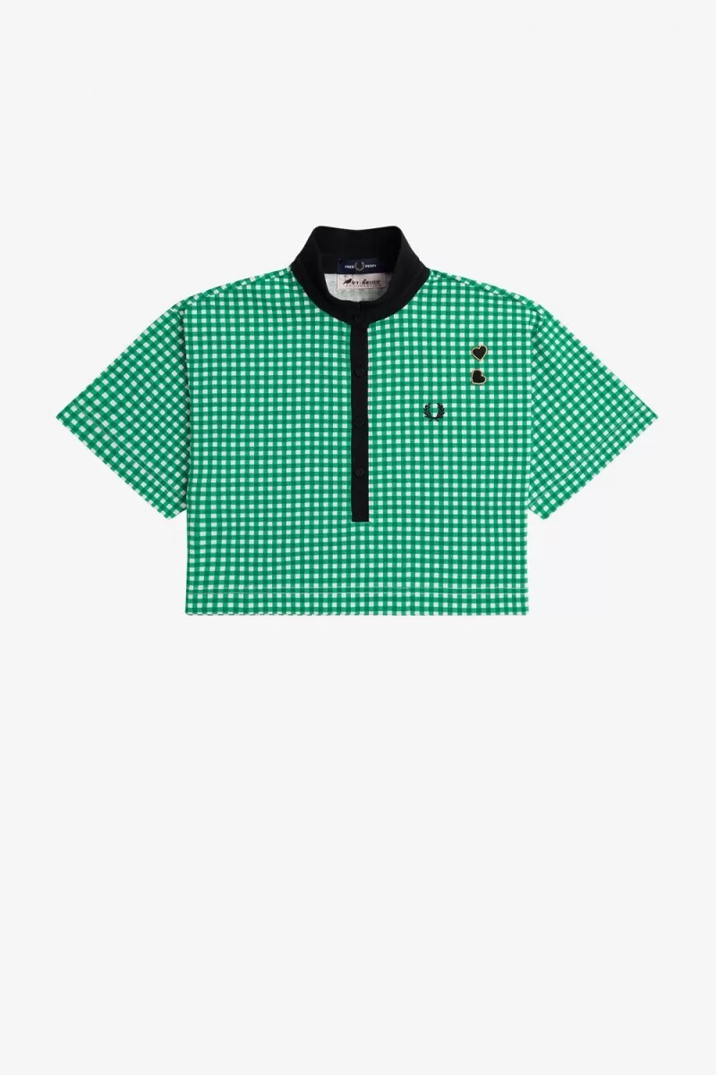 fred perry cropped gingham piqué damen-poloshirt grün