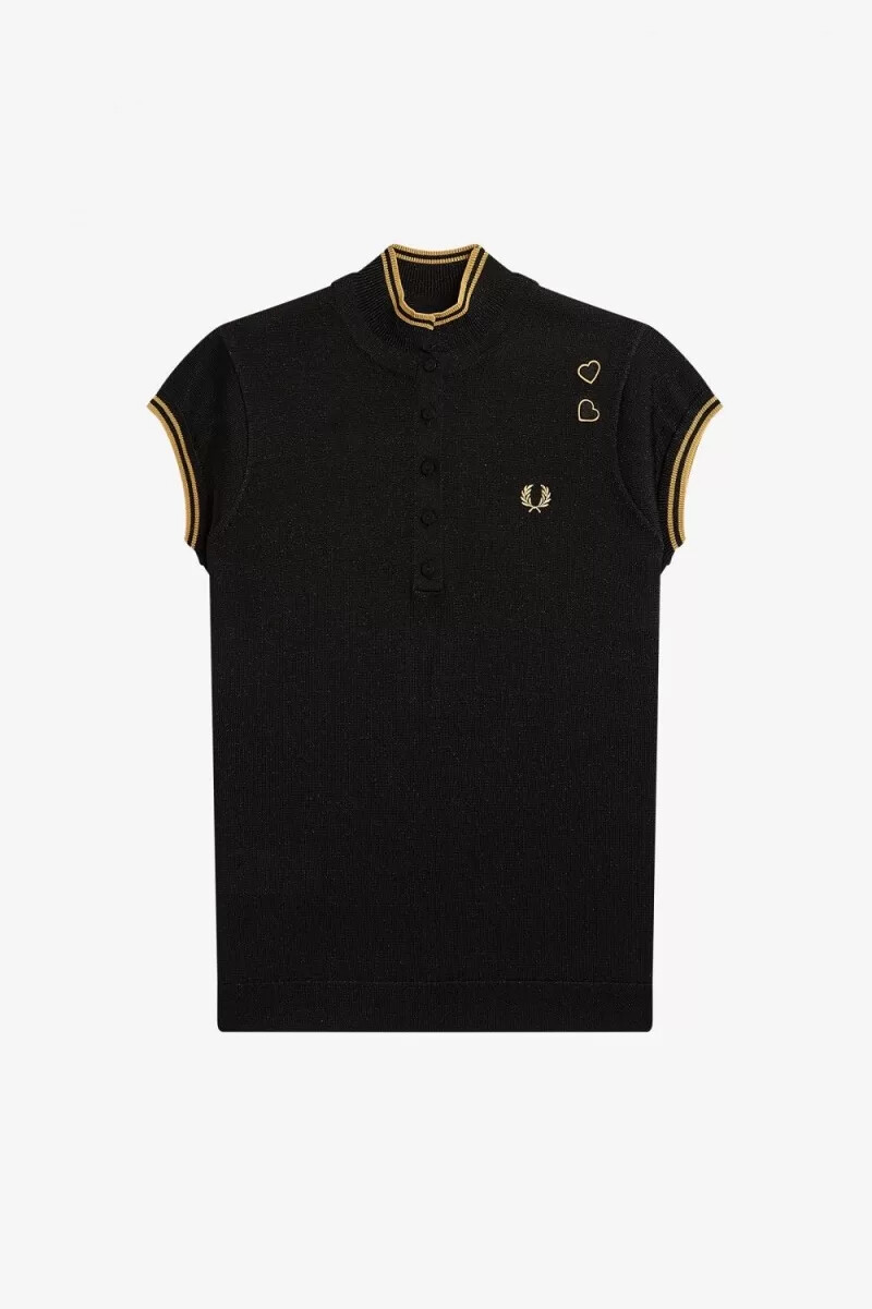 fred perry metallic strick-poloshirt für damen schwarz