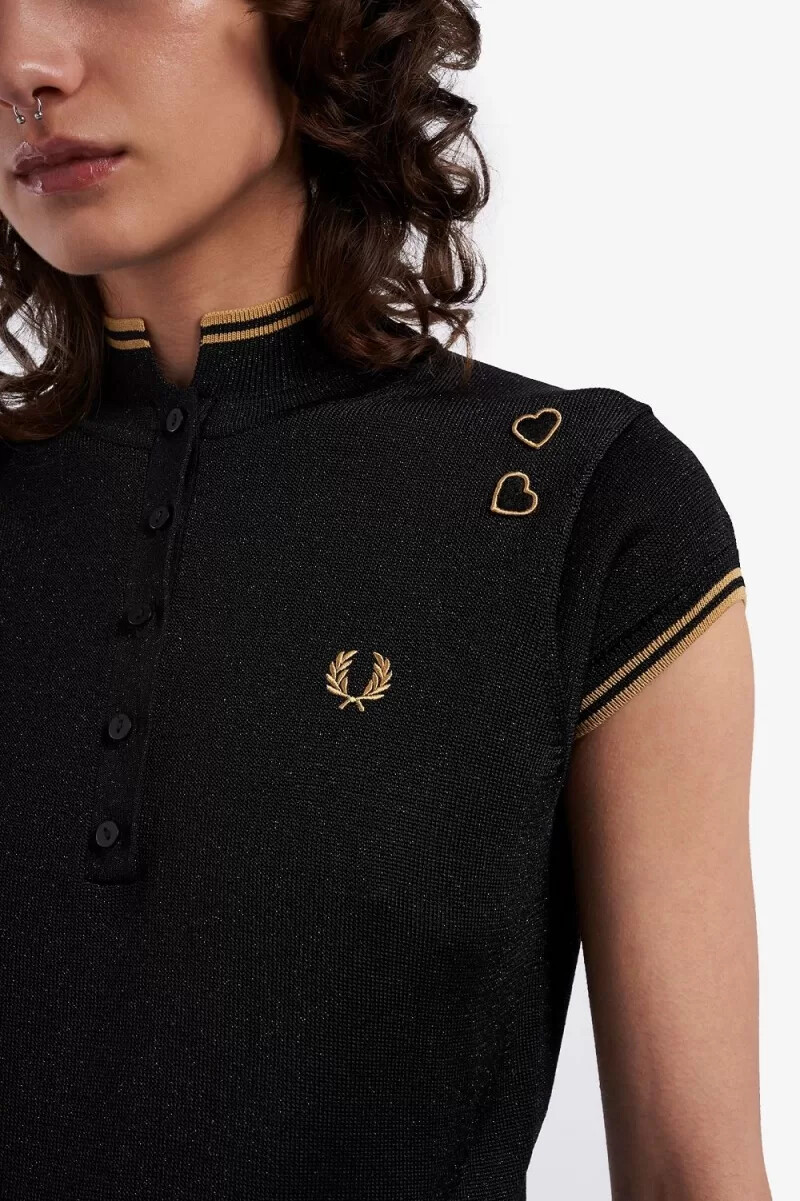 fred perry metallic strick-poloshirt für damen schwarz