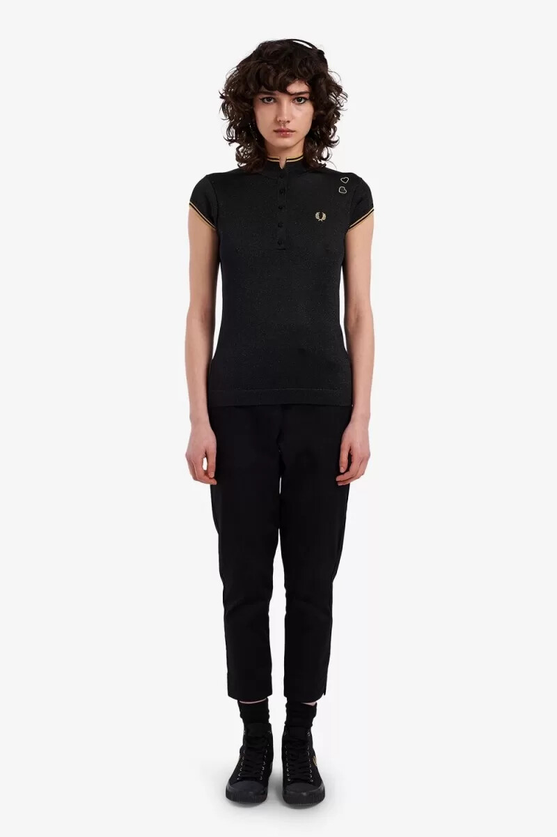 fred perry metallic strick-poloshirt für damen schwarz