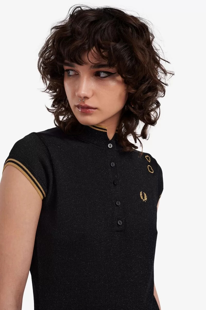 fred perry metallic strick-poloshirt für damen schwarz