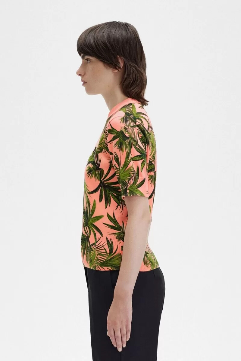 fred perry damenpullover mit palmenmuster korallenrot
