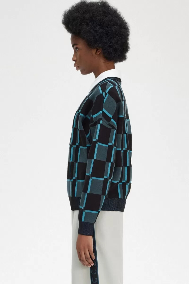 fred perry damenpullover mit schachbrettmuster cyberblau