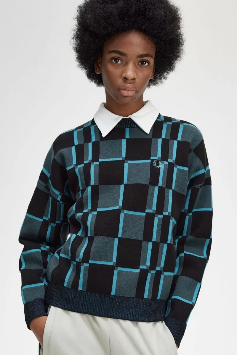 fred perry damenpullover mit schachbrettmuster cyberblau