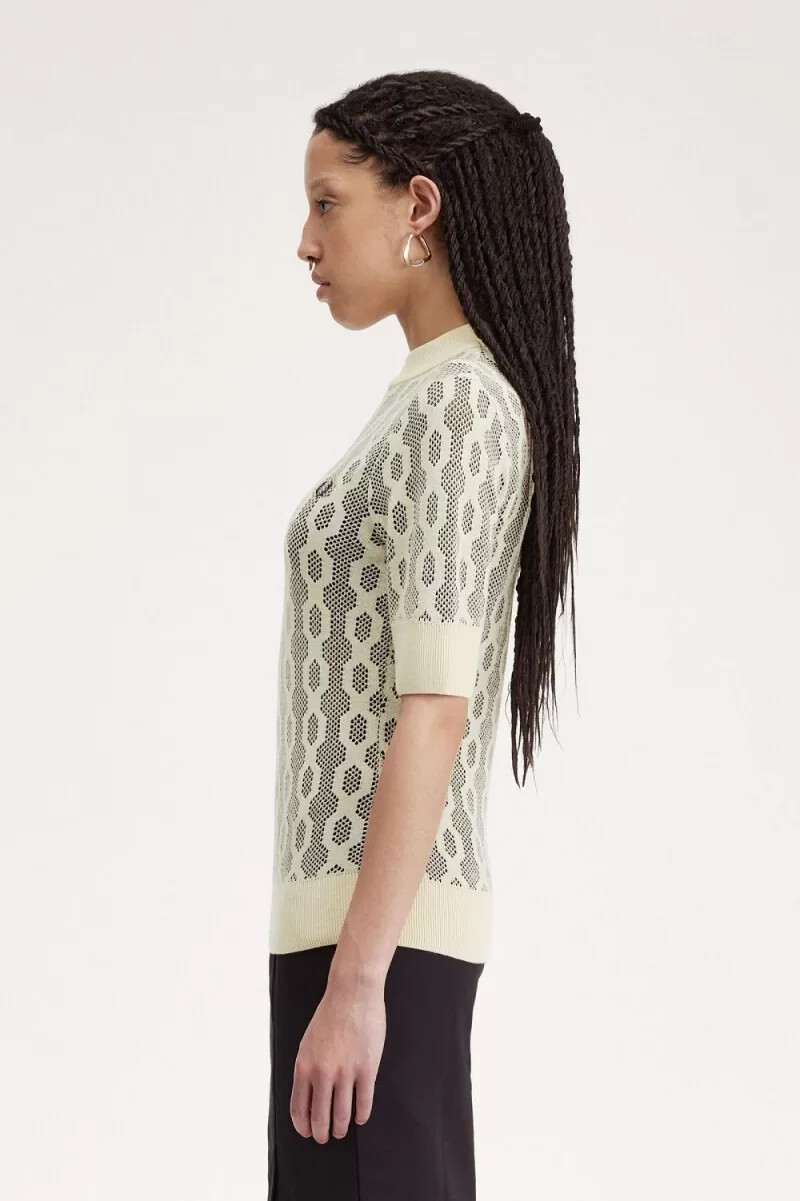 fred perry damenpullover mit offenen strickdetails kurzarm farbe haferflocken