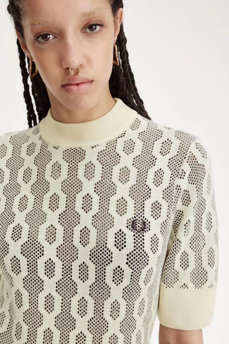 fred perry damenpullover mit offenen strickdetails kurzarm farbe haferflocken