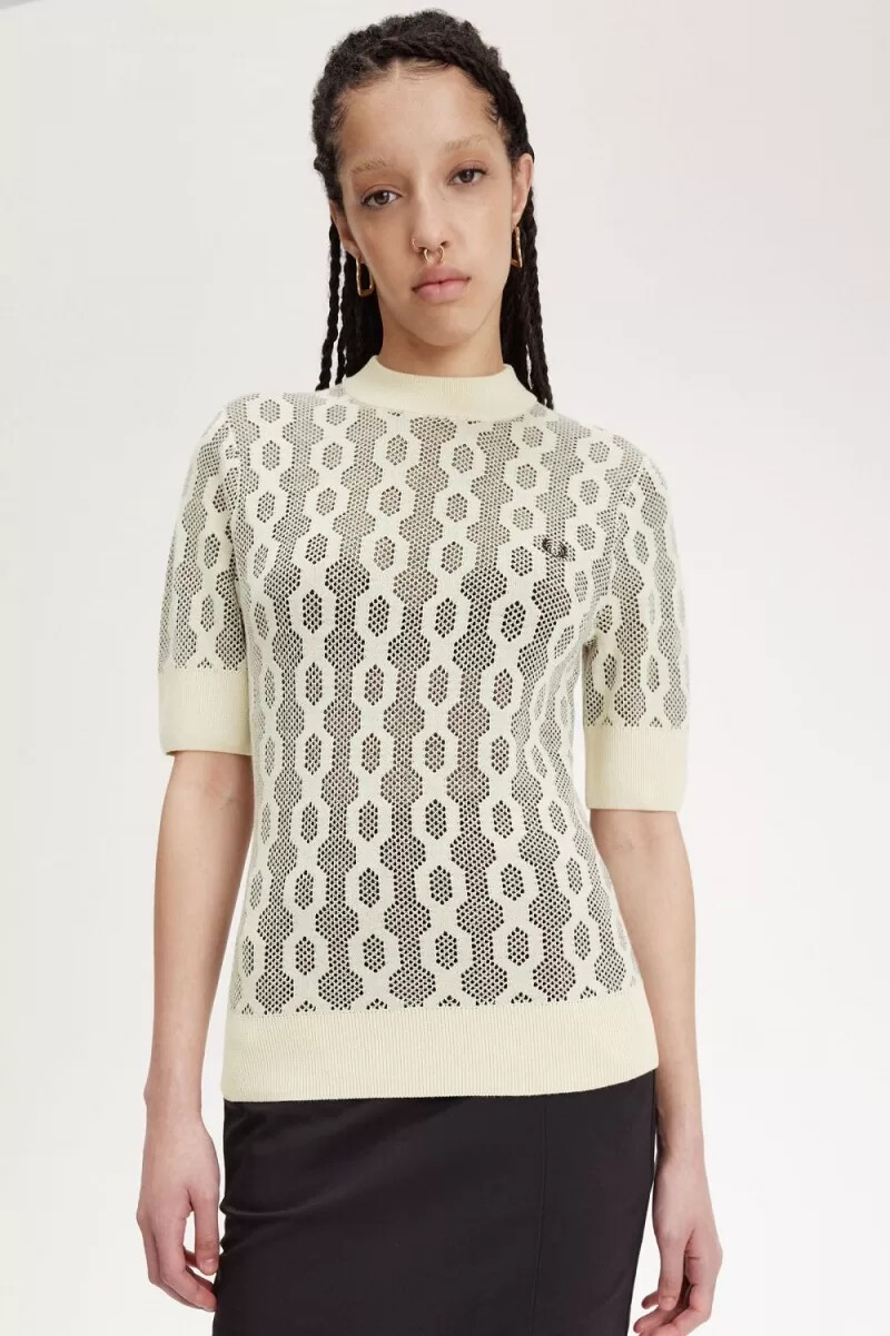 fred perry damenpullover mit offenen strickdetails kurzarm farbe haferflocken
