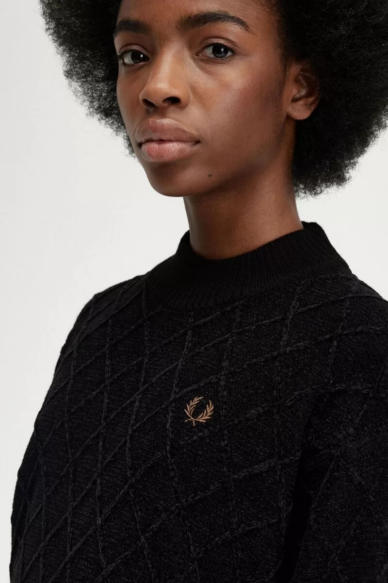 fred perry chenille-grid-damenpullover schwarz