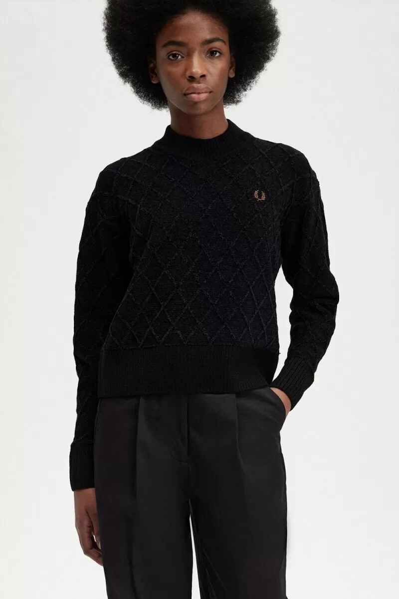 fred perry chenille-grid-damenpullover schwarz