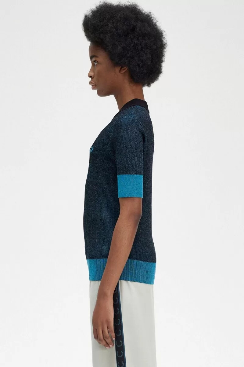 fred perry kurzarmpullover mit kontrastrippen für damen schwarz
