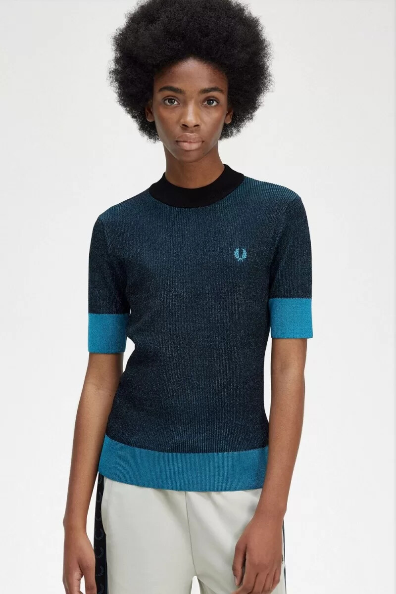 fred perry kurzarmpullover mit kontrastrippen für damen schwarz