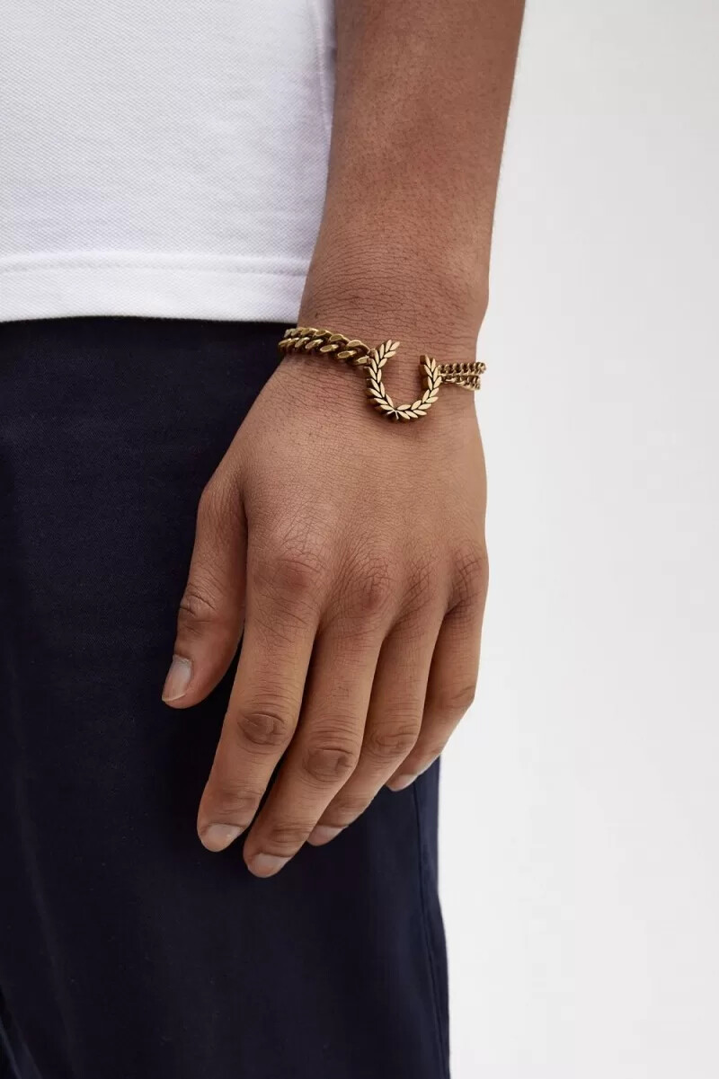 fred perry doppelketten-armband mit lorbeerkranz damenschmuck gold
