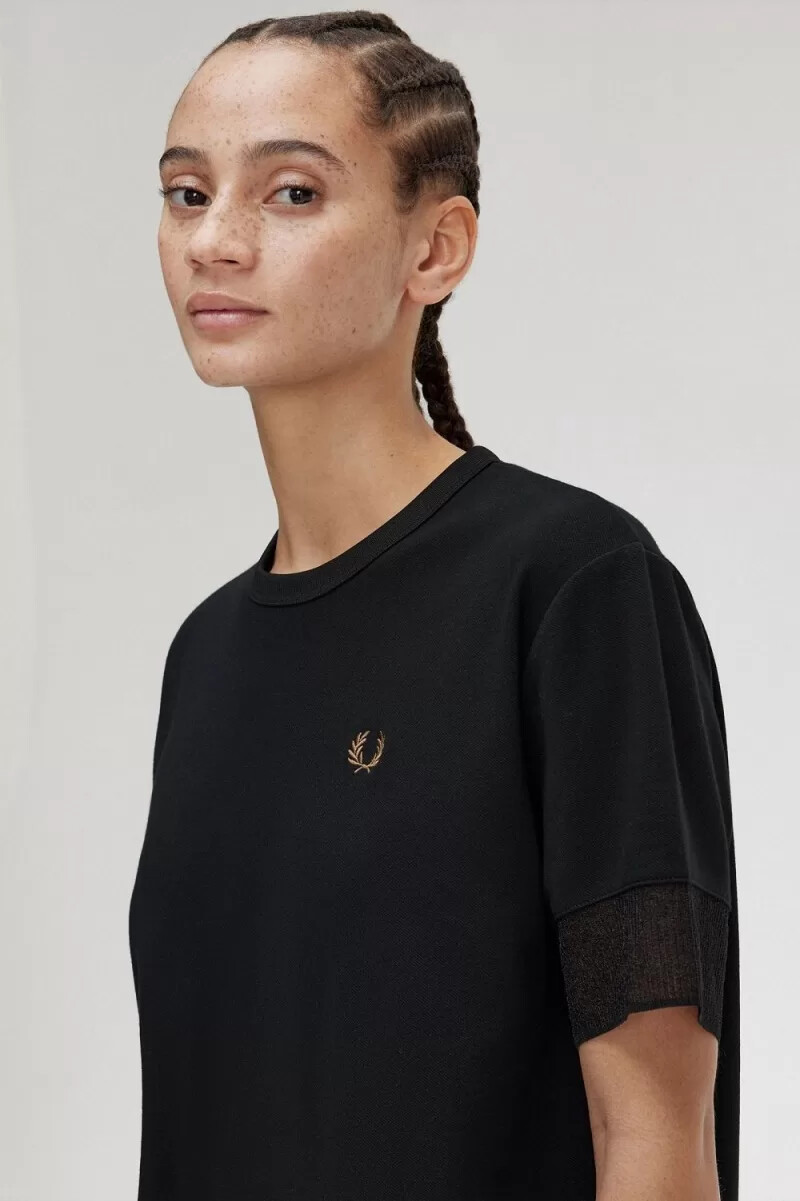 fred perry damen-t-shirt mit transparentem piqué-einsatz schwarz
