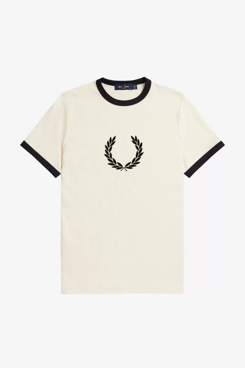 fred perry damen-t-shirt mit lorbeerkranz-motiv beflockt beige