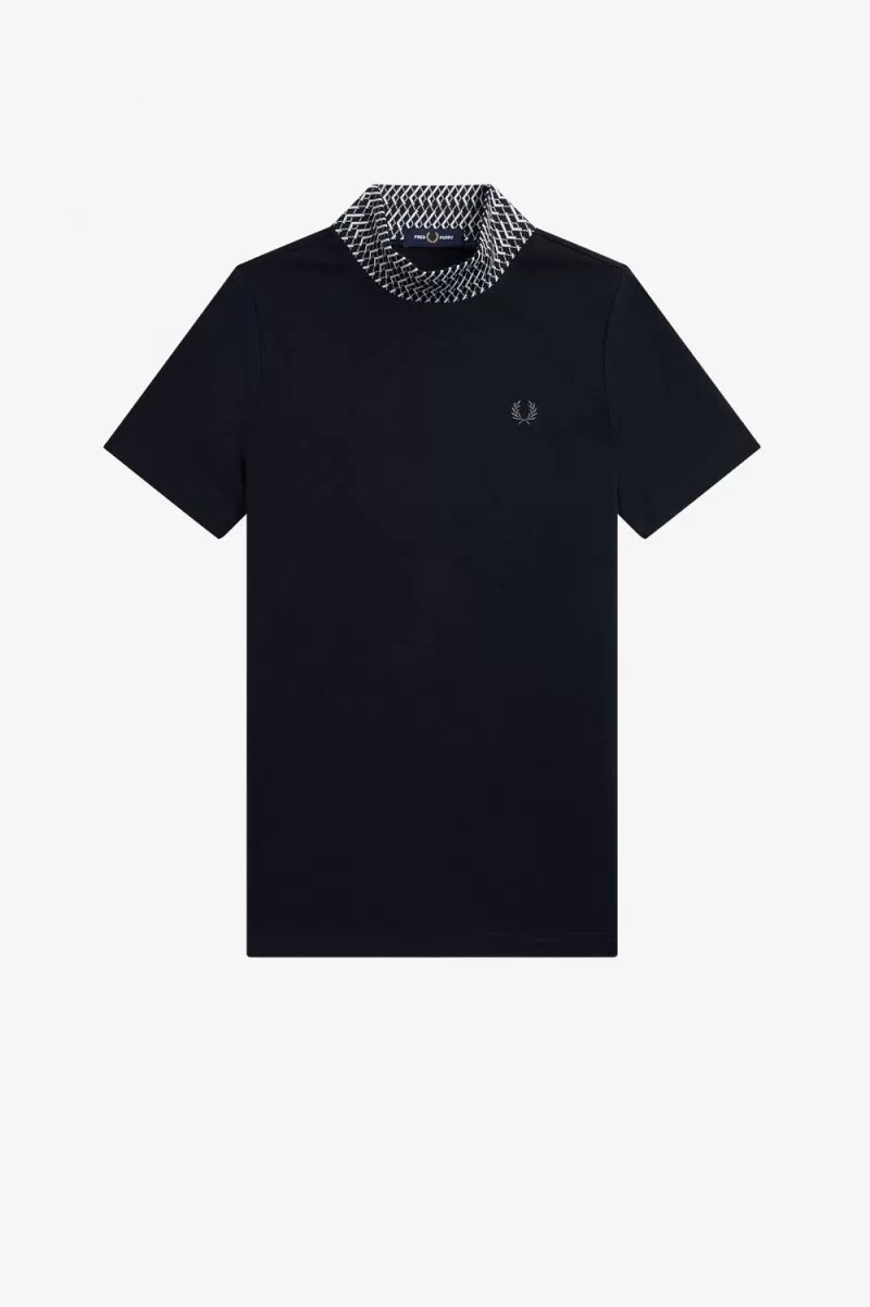 fred perry damen-t-shirt mit jacquard-besatz und hohem kragen marineblau