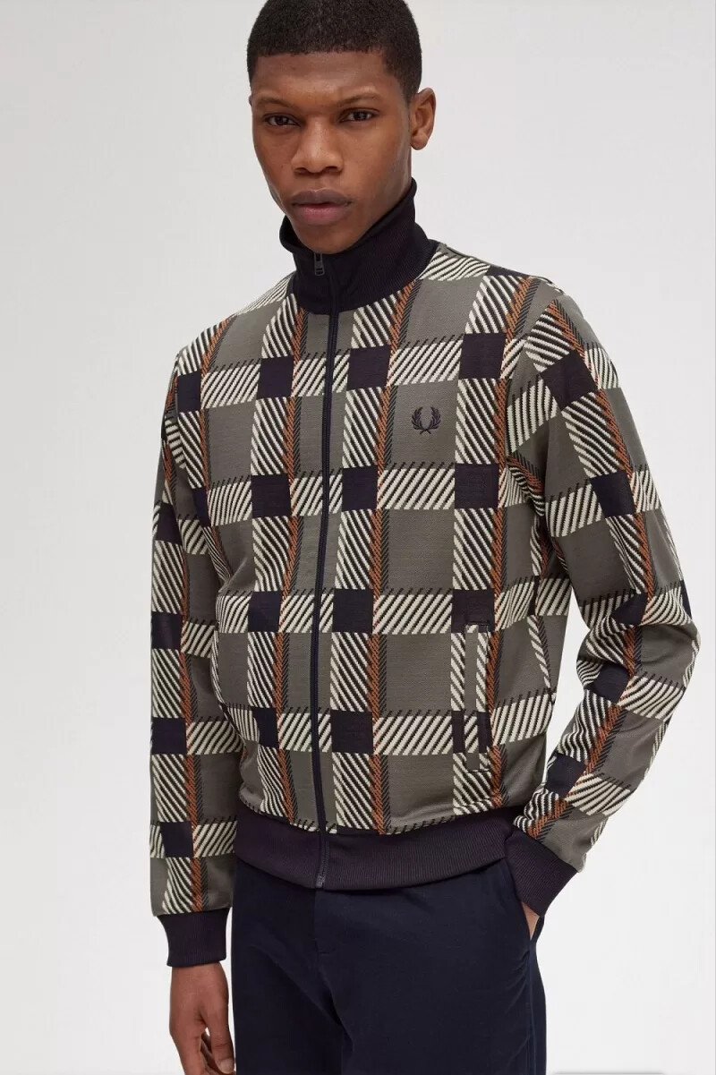 fred perry glitch tartan herren-trainingsjacke feldgrün