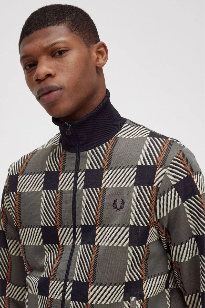 fred perry glitch tartan herren-trainingsjacke feldgrün