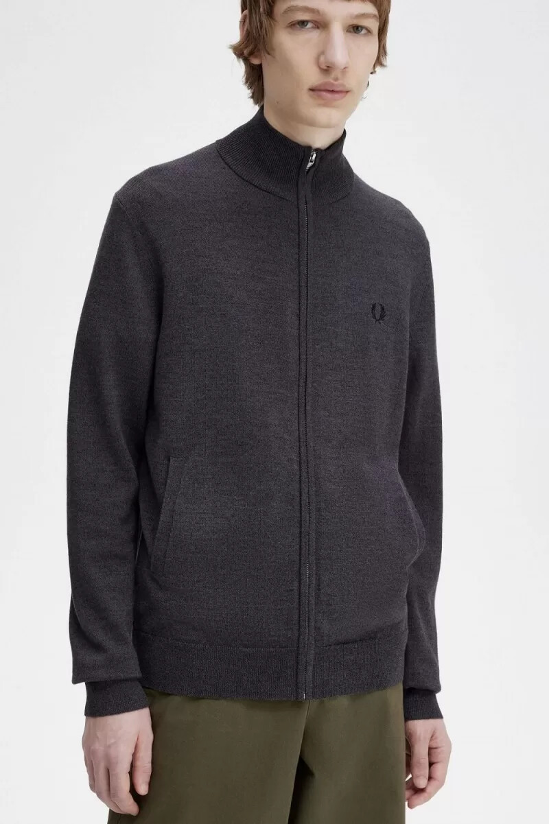 fred perry klassische herren-strickjacke mit reißverschluss dunkelgrau meliert