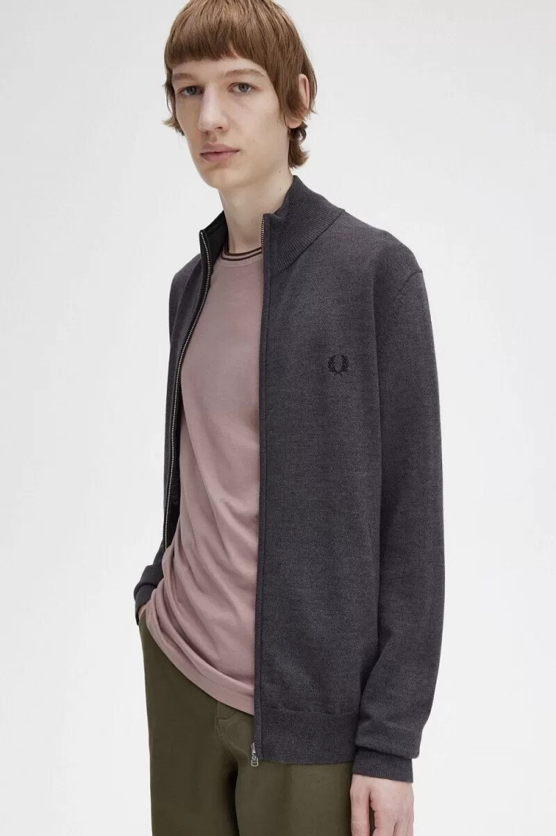 fred perry klassische herren-strickjacke mit reißverschluss dunkelgrau meliert