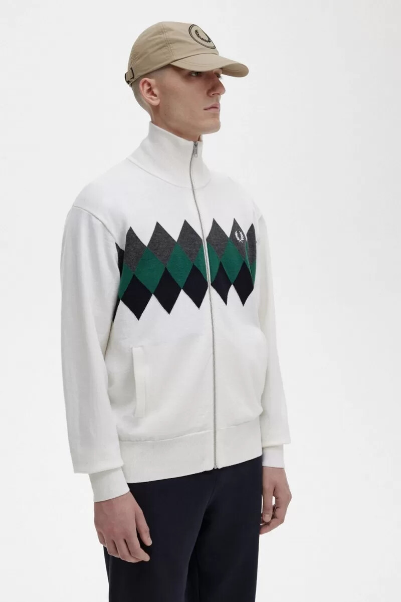 fred perry herren-cardigan mit diamant-intarsienmuster schneeweiß