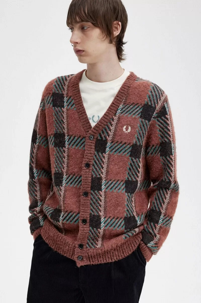 fred perry glitch tartan herren-cardigan whiskybraun