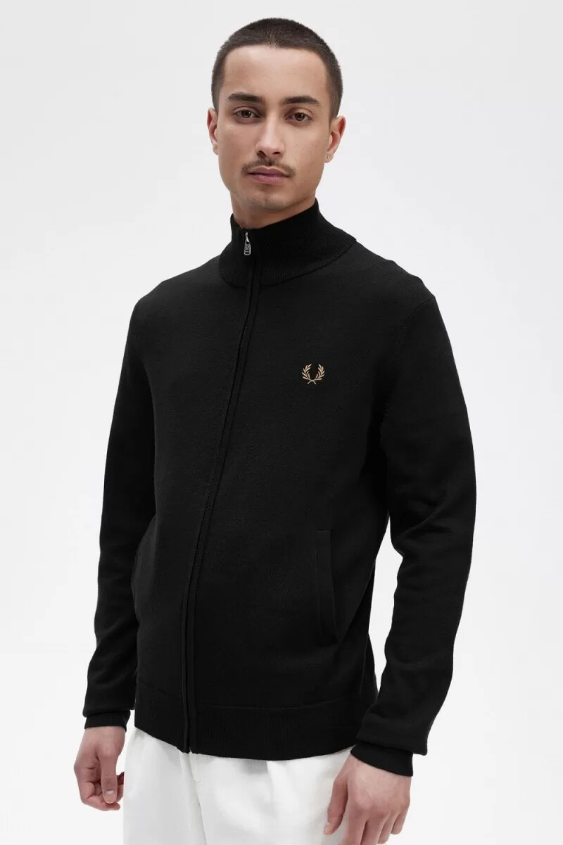 fred perry klassische herren-strickjacke mit reißverschluss schwarz