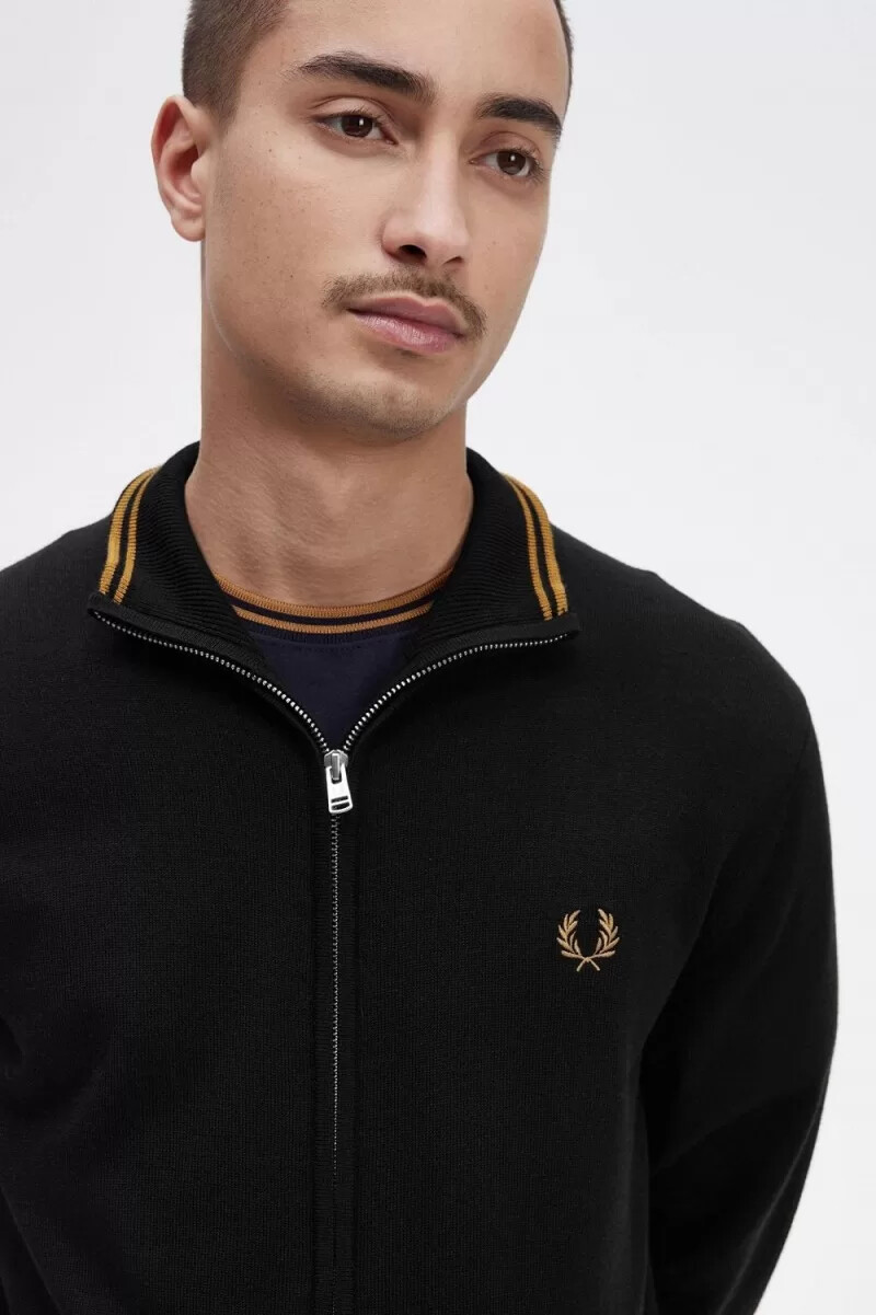 fred perry klassische herren-strickjacke mit reißverschluss schwarz