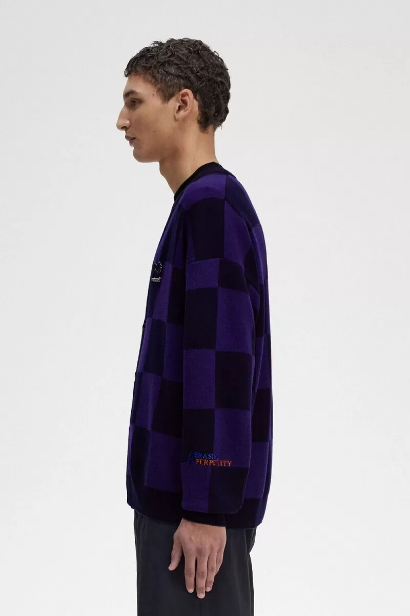 fred perry herren-cardigan mit schachbrettmuster marineblau
