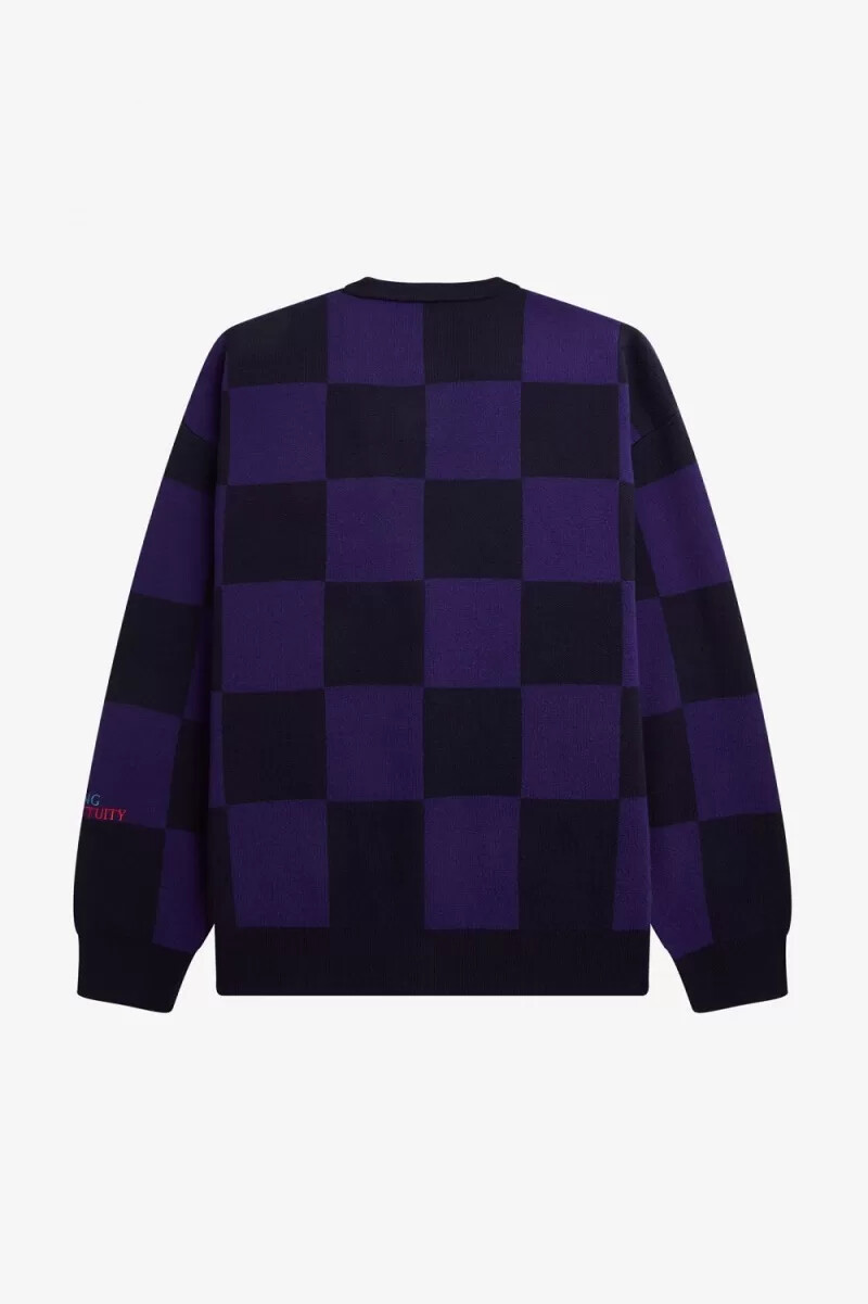 fred perry herren-cardigan mit schachbrettmuster marineblau