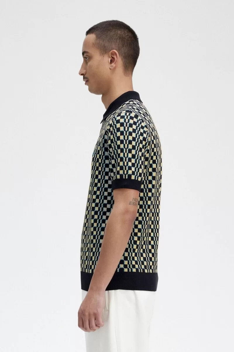 fred perry glitch-schachbrettmuster-strickhemd für herren hellmint schwarz