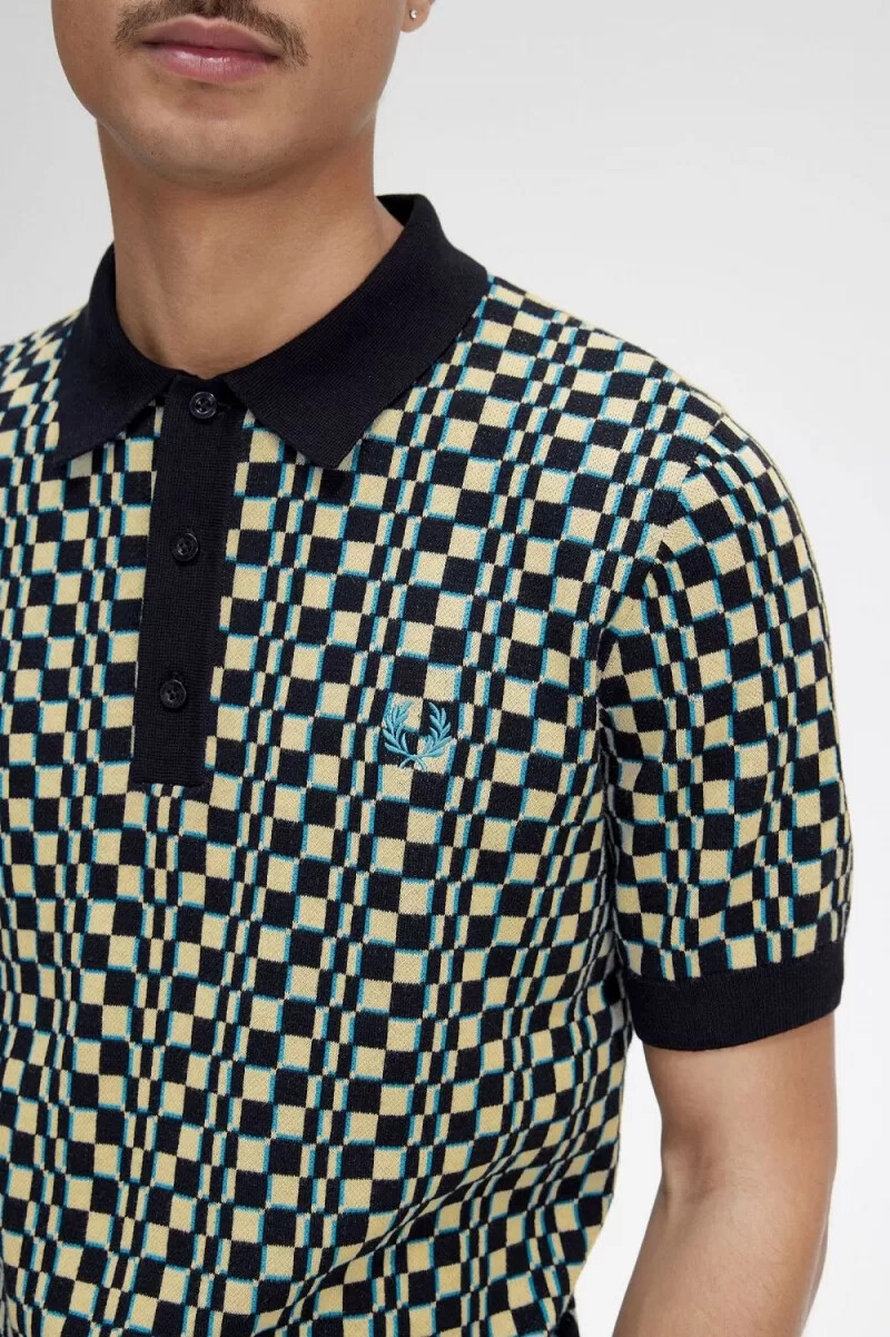 fred perry glitch-schachbrettmuster-strickhemd für herren hellmint schwarz