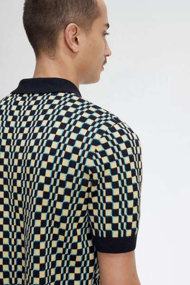 fred perry glitch-schachbrettmuster-strickhemd für herren hellmint schwarz