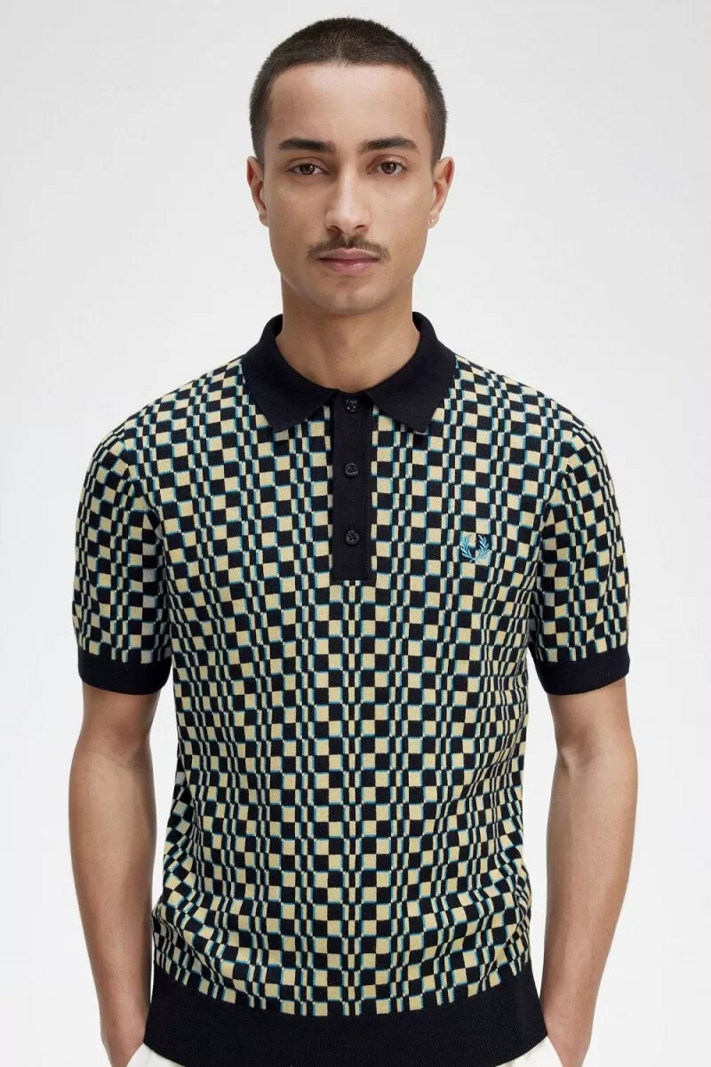 fred perry glitch-schachbrettmuster-strickhemd für herren hellmint schwarz