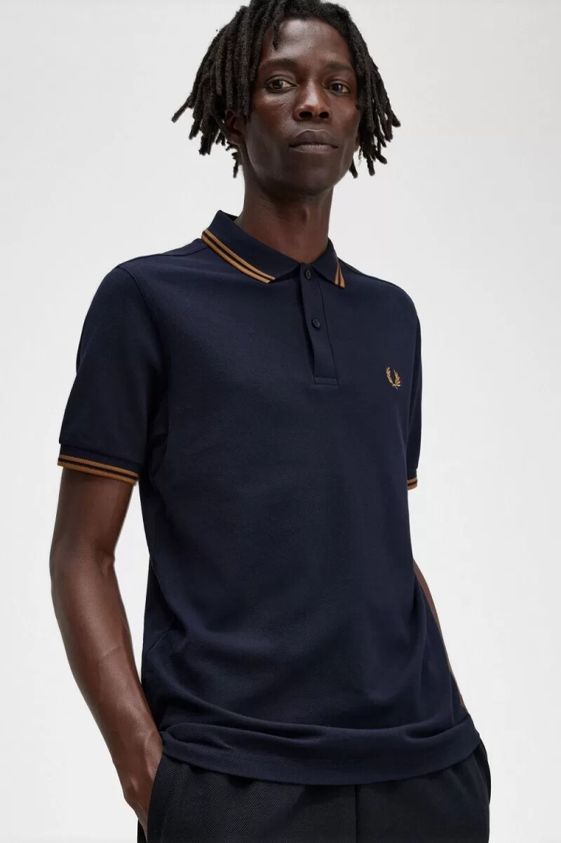 fred perry m3600 herrenhemd marineblau dunkelbraun