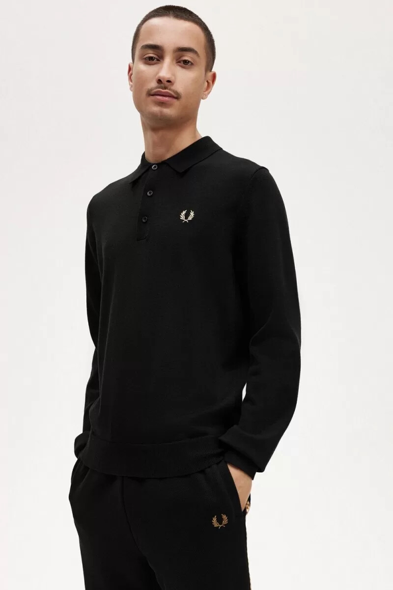 fred perry langarm-strickhemd für herren schwarz