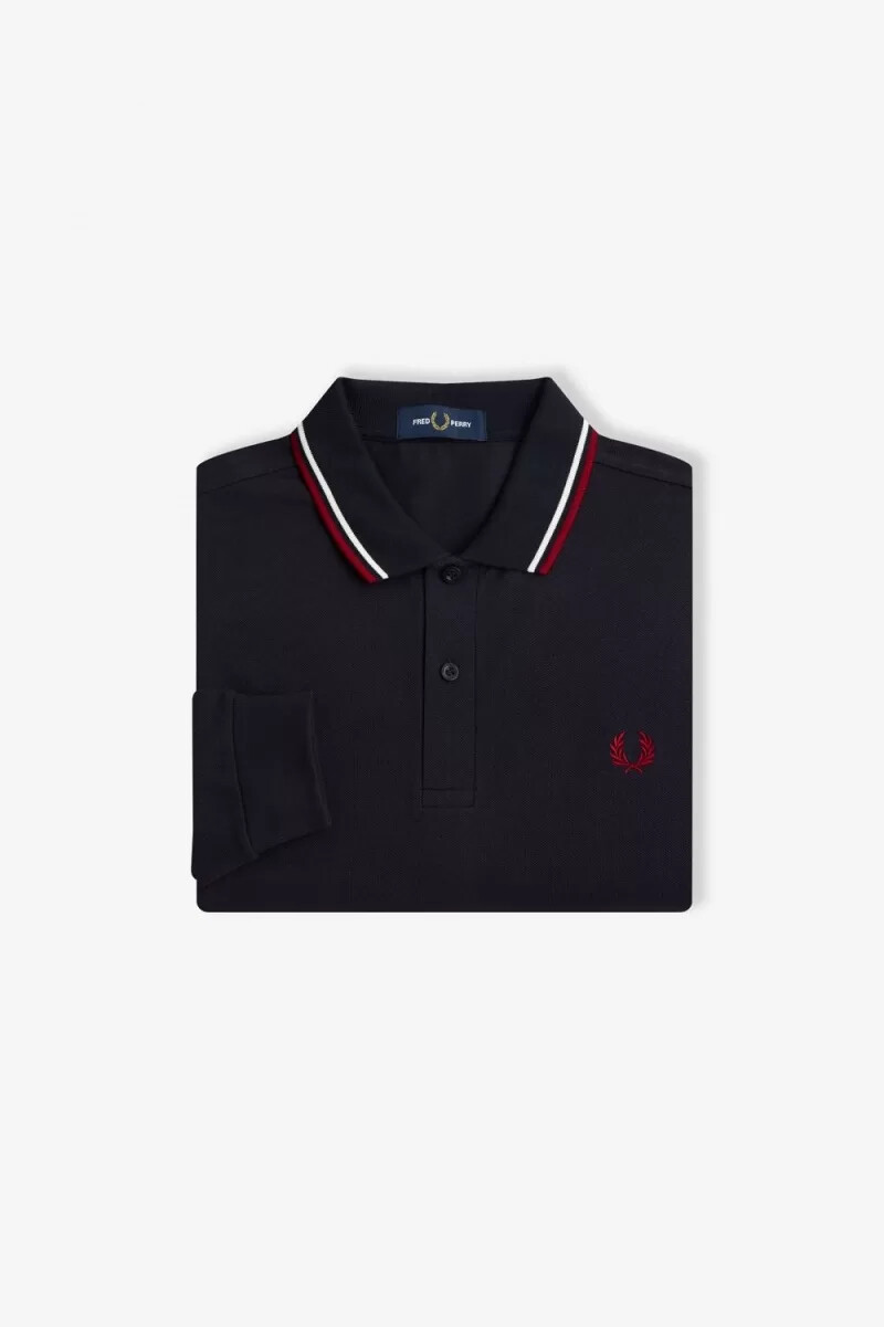 fred perry m3636 herrenhemd marineblau schneeweiß gebranntes rot